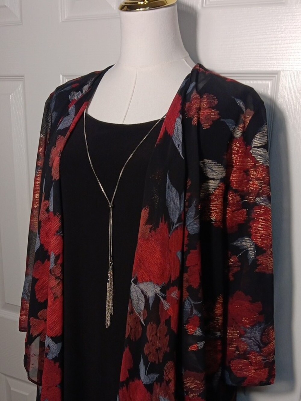 R&K Black Shift Dress with Red Floral Sheer Overlay and Blue Accents - Picture 3 of 12